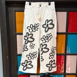 Easel Black and White Floral Wide Leg Jeans